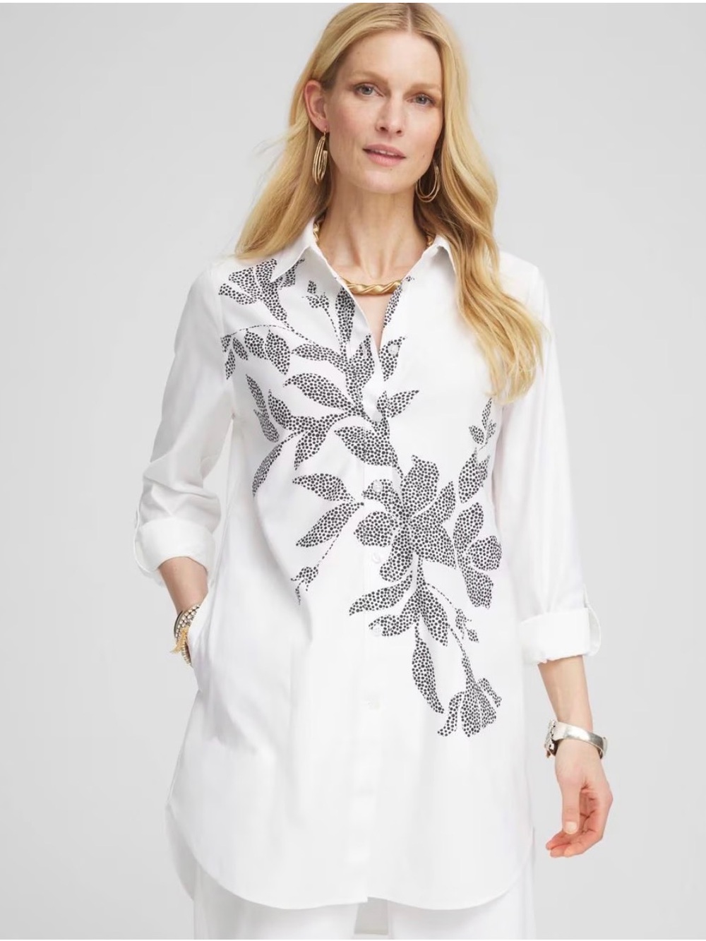 Chico's White Button-Down Tunic with Black Leaf Print